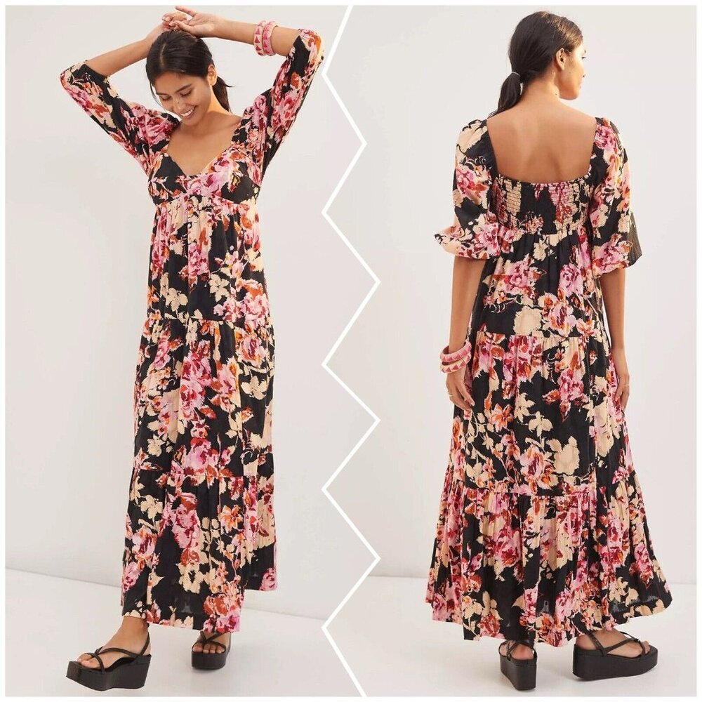 Anthropologie Blossom Maxi Dress Black Floral 3/4 Sleeves Pockets Size XS